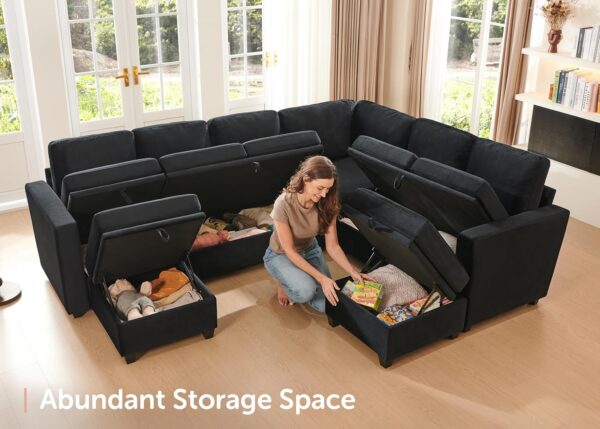 HONBAY Modular Sectional Couch with Storage, Velvet U-Shaped Sectional Sofa with Storage Ottoman Convertible U-Shaped Sofa for Living Room, Black - Image 5
