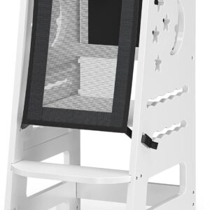 TOETOL Bamboo Toddler Kitchen Stool for Kids Step Stool - White Little Helper Tower Adjustable Height with Learning Black & White Activity Board1