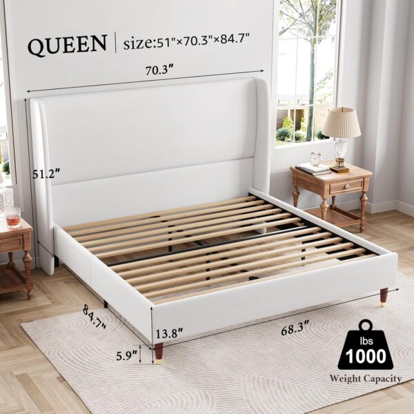 Jocisland Upholstered Bed Frame Queen Size 51.2" High Platform Bed with Wingback Headboard/No Box Spring Needed/Easy Assembly/White - Image 2