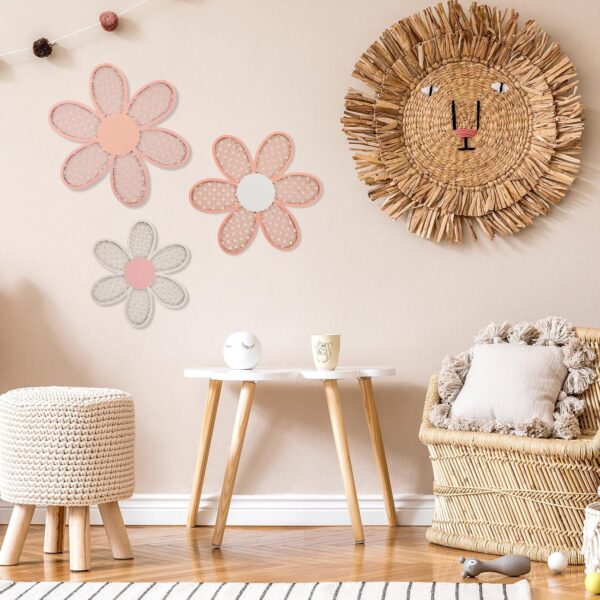 Maitys 3 Pieces Boho Daisy Wall Decor Natural Rattan Flower Wall Hanging Art Wooden Boho Wall Art Nursery Wall Decor Flowers Farmhouse Hanging Decor for Home Office Nursery (Rustic Color) - Image 5