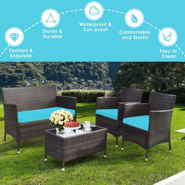 Goplus 4-Piece Rattan Patio Set, Outdoor/Indoor Wicker Conversation Set for Pool, Backyard, Lawn, Wicker Chairs and Sofa with Soft Cushion, Rattan Furniture with Tempered Glass Coffee Table - Image 4