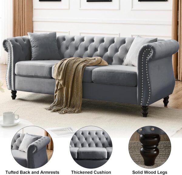 2 Piece Chesterfield Velvet 80“ 3-Seater and 59" Loveseat Sofa Set,Tufted Couch with 4 Pillows,Rolled Arms and Nailhead for Living Room, Bedroom, Office Grey - Image 6
