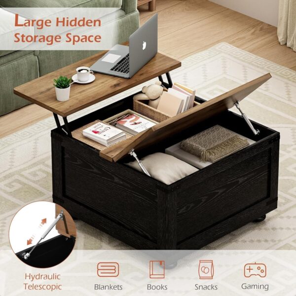 Farmhouse Lift Top Coffee Table with Storage, Black Lift Top Coffee Table with Hydraulic Gas Rod, Large Lift Square Top Coffee Table with Wood Gourd Feet, Coffee Table with for Living Room - Image 3