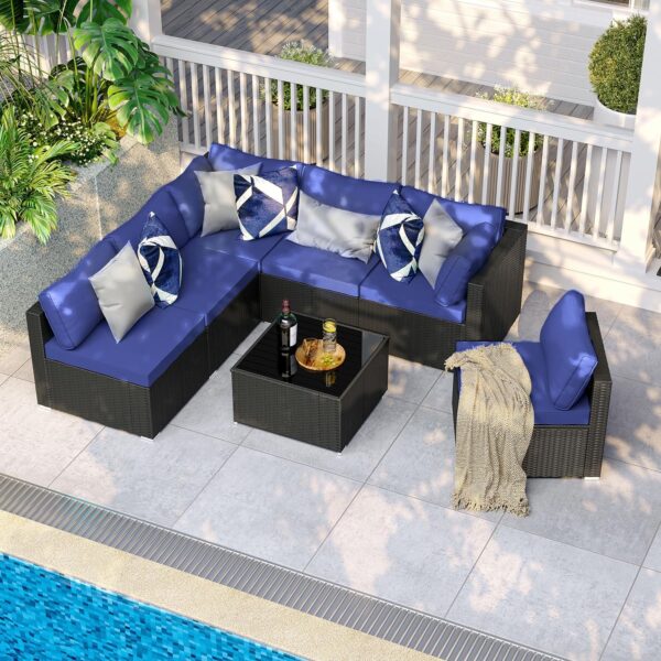7 Pieces Patio Furniture Set - Outdoor Sectional Wicker Rattan Furniture with Cushion and Glass Table Patio Conversation Sets for Porch Poolside Backyard Outdoor Sofa Set Modular Sofa - Image 7