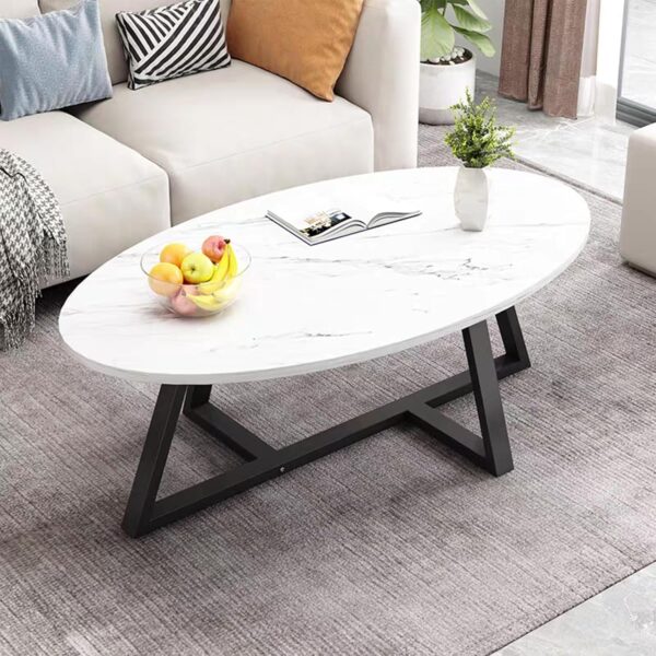 Coffee Table White Faux Marble Coffee Table for Living Room,Oval Modern Center Table Tea Table for Small Space,Wooden Living Room Tables End Table with Sturdy Black Metal Leg - Image 3
