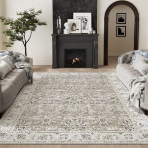 jinchan Area Rug 9x12 Washable Living Room Rug - Taupe Floral Print Vintage Large Rug Indoor Distressed Stain Resistant - Boho Carpet Thin Rug Bedroom Dining Room Office Farmhouse