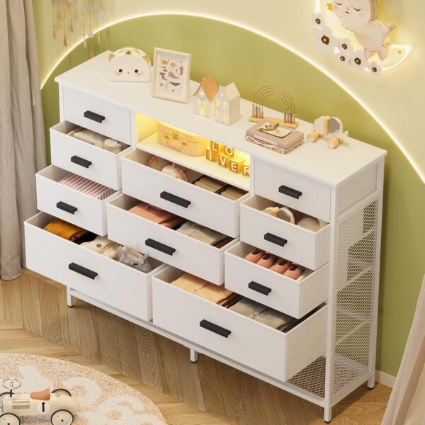 White Dresser for Bedroom with 10 Drawers, Dresser with Charging Station, TV Stand Dresser with LED Light for 55" TV, Fabric Drawer Dresser with PU Finish, Dresser with Shelves for Closet - Image 2