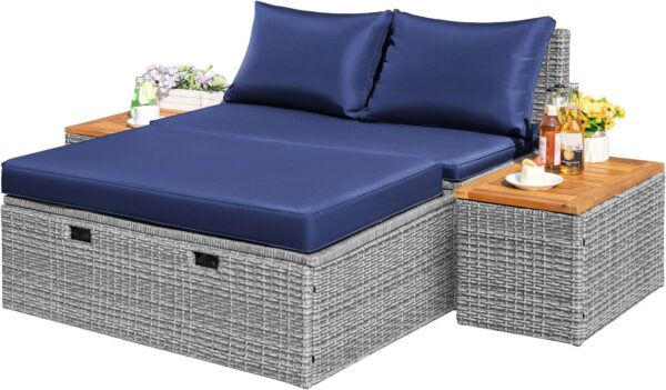 Flamaker Outdoor Rattan Lounge Chair with 2 Side Tables, Multifunctional Outdoor Patio Daybed with Footrest, Cushions, Storage Ottoman,Chaise Lounge Chair for Backyard Porch Poolside(Deep Blue)