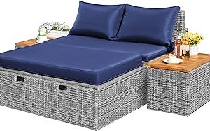 Flamaker Outdoor Rattan Lounge Chair with 2 Side Tables, Multifunctional Outdoor Patio Daybed with Footrest, Cushions, Storage Ottoman,Chaise Lounge Chair for Backyard Porch Poolside(Deep Blue)