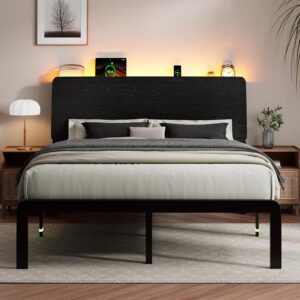 iPormis Queen Metal Bed Frame with LED Lights & Charging Station, Platform Bed with Ergonomic Storage Headboard, Steel Slats Supports, No Box Spring Needed, Noise-Free, Easy Assembly, Black