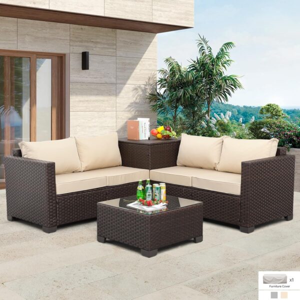 Patio PE Wicker Furniture Set 4 Pieces Outdoor Brown Rattan Sectional Conversation Sofa Chair with Storage Box Table and Khaki Cushions