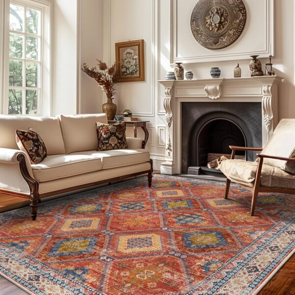 Area Rug 8x10 Bohemian Area Rugs Stain Resistant Print Washable Boho Rug Vintage Distressed Carpet Rugs Non Slip Low Pile Water Repellent for Living Room Bedroom Red/Orange/Blue - Image 6