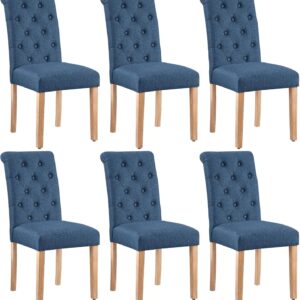 Yaheetech Dining Chairs Set of 6 Button Tufted Parsons Kitchen Chairs Upholstered Fabric Dining Room Chairs with Solid Wood Legs and Padded Seat for Dining Room, Kitchen, Restaurant, 3 package, Blue