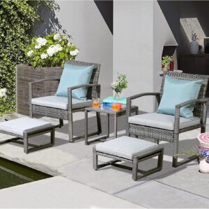 Patiorama 5 Piece Outdoor Patio Wicker Furniture Set, All Weather PE Rattan Chair and Ottoman Footstool Set, W/Coffee Table, Cushions (Light Grey) for Garden, Balcony, Porch, Space Saving Design