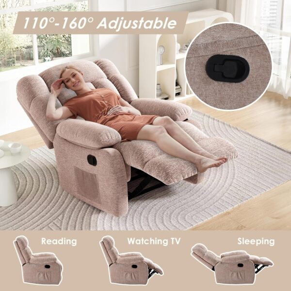 Recliner Chair, Upholstered Rocker Recliner Chair with Side Pocket, Ergonomic 110°-160°Adjustable Recliner Chairs for Adults, Reclining Chair with Footrest, Recliner Sofa for Living Room - Image 5