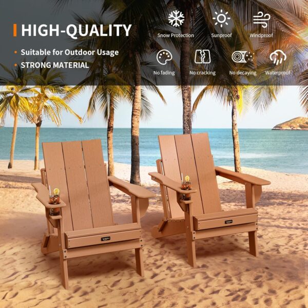 VINGLI Oversized Plastic Folding Adirondack Chairs Set of 4 with Cup Holder, Waterproof HDPE Outdoor Fire Pit Chairs for Patio, Pool, Bonfire, Capacity 400LBS, Teak - Image 4