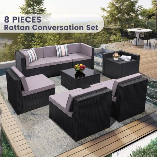 8 Pieces Outdoor Wicker Rattan Patio Furniture Sectional Set, Glass Top Table with Hidden Storage, 7 Sofa Sections, Oversized Cushions, Black Color Rattan with Light Grey Cushion - Image 2