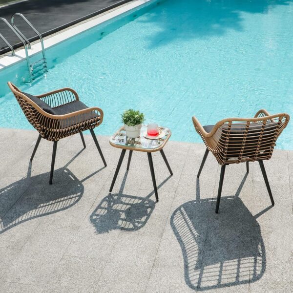 Verano Garden 3 Piece Patio Bistro Set, Outdoor Wicker Conversation Chair Sets Balcony Furniture,Coffee Table with Glass Top, Cushions & Lumbar Pillows for Porch, Backyard, Deck, Poolside - Image 6