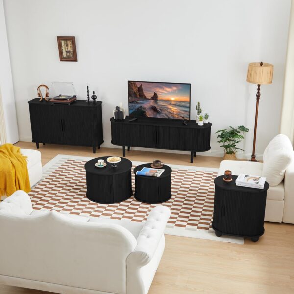 Coffee Table, Modern Round Coffee Table Set of 2 with Storage Compartment and Sliding Door, Side End Accent Table for Living Room, Bedroom, Apartment, Office (Black) - Image 7