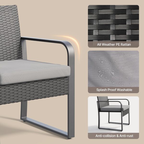 Gizoon 3 Pieces Patio Set Outdoor Wicker Furniture Sets, Modern Rattan Chair Conversation Sets with Coffee Table, for Yard, Bistro, Garden, Balcony, Poolside, Grey - Image 3