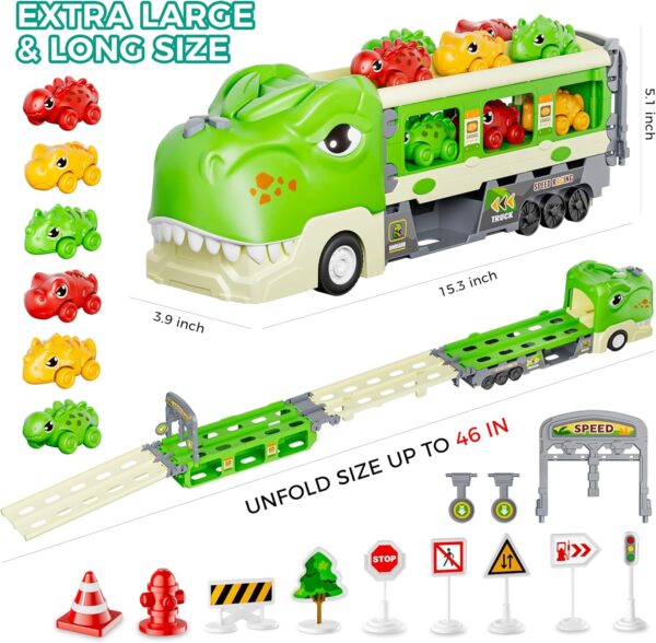 Dinosaur Truck Toys for 2 3 4 5 6 7 Year Boy Toddler, Foldable Track & 2 Player Race Mode, Light & Sound Transport Carrier W/ 6 Dino Car & 12 Accessories, Birthday Gift Idea for Kids Girls - Image 5