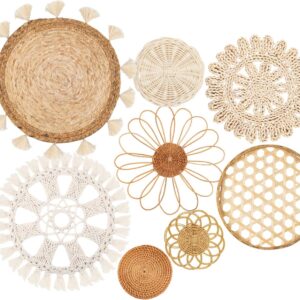 Boho Wall Basket Decor Set of 8 - Flat Woven Basket Wall Hanging Decor,Round Tassels White Macrame Tapestry Wall Decor Art,Handmade Rattan Wicker Seagrass Home Wall Baskets Decor（Boho Classic)