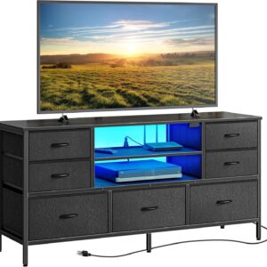 Dresser for Bedroom with Power Outlets and LED Lights, 7 Drawers TV Stand Dresser for 55 Inch TV, 47 Inches TV Console with Open Shelf, Wide Black Dresser, PU Leather, for Bedroom