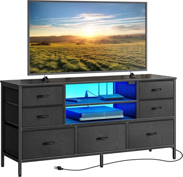 Dresser for Bedroom with Power Outlets and LED Lights, 7 Drawers TV Stand Dresser for 55 Inch TV, 47 Inches TV Console with Open Shelf, Wide Black Dresser, PU Leather, for Bedroom