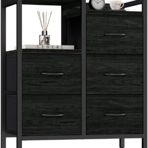 Furnulem 5 Drawer Black Dressers for Bedroom 2 Tier Shelf Storage Small Fabric Dresser for Closet Sturdy Metal Frame Modern Dresser Bedroom Dresser with Drawers for Hallway Rooms