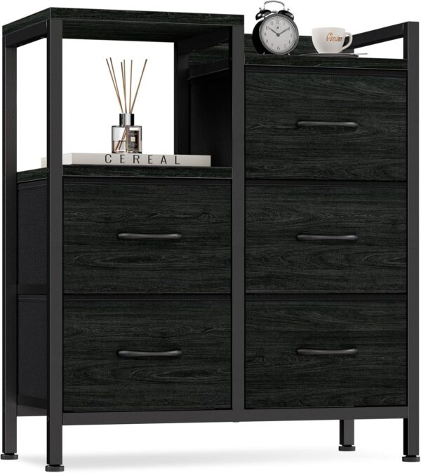 Furnulem 5 Drawer Black Dressers for Bedroom 2 Tier Shelf Storage Small Fabric Dresser for Closet Sturdy Metal Frame Modern Dresser Bedroom Dresser with Drawers for Hallway Rooms