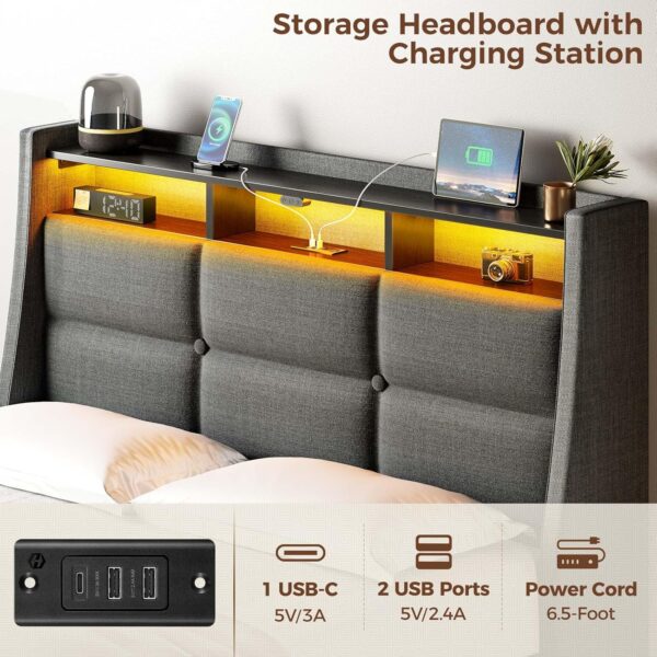 Rolanstar Twin Size Bed Frame with LED Lights and Charging Station, Upholstered Bed Storage Headboard & Drawers, Heavy Duty Wood Slats, Easy Assembly - Image 4