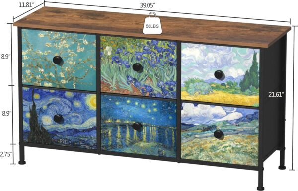 EXOTICA 6 Drawer Dresser for Bedroom Van Gogh Chest of Drawers Wide TV Stands Fabric Storage Drawer Unit for Living Room Entryway Closet Sturdy Steel Frame Wood Top - Image 3
