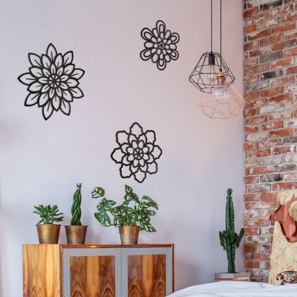 Moxweyeni 3 Pieces Metal Flowers Wall Decoration, Metal Rustic Wall Art Decoration Farmhouse Wall Decorations Multiple Floral Hanging Decoration for Bathroom Home Office(Black, Modern Style) - Image 5