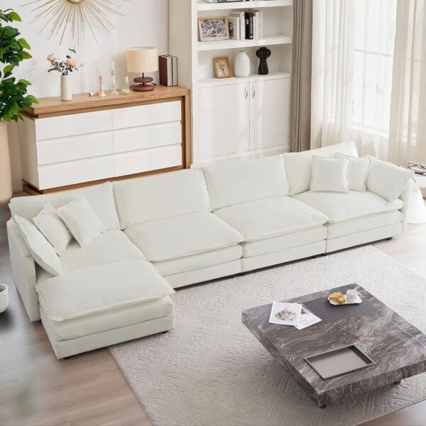 mikibama Modular Sectional Sofa, 146.5 Inch L Shaped Couch Set for Living Room, 4-Seater Comfy Cloud Couches with Movable Ottoman, DIY Combination, Chenille, Beige