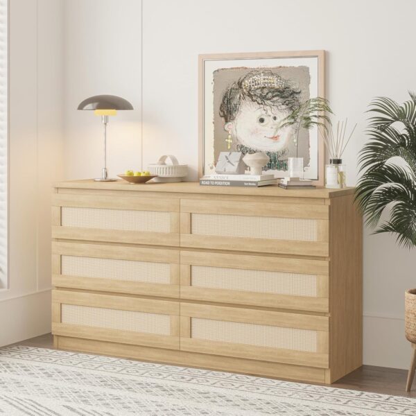 Jojoka Rattan Dresser for Bedroom, Modern 6 Drawer Double Dresser with Anti-Tip Kit, Wood Storage Wide Chest of Drawers for Bedroom, Living Room, Hallway, Natural