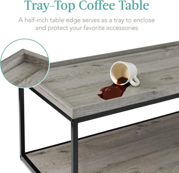 Best Choice Products 44in 2-Tier Rectangular Tray Top Coffee Table, Recessed Accent Furniture for Home w/Metal Frame, Shelf - Gray - Image 3