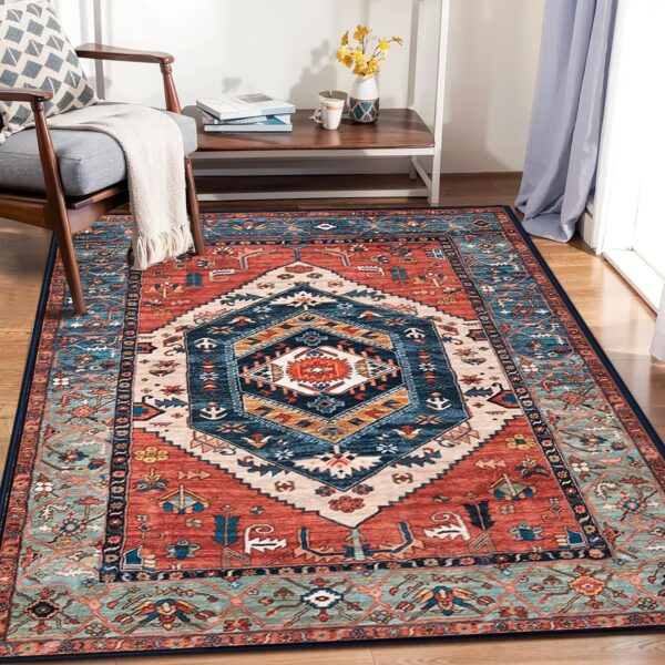SERISSA Boho Area Rug 5x7 Rust, Washable Large Rugs for Living Room, Ultra Soft Non-Slip Bedroom Rug Print Distressed Vintage Tribal Farmhouse Carpet Rug for Dining Room Dorm Office Home Decor - Image 5