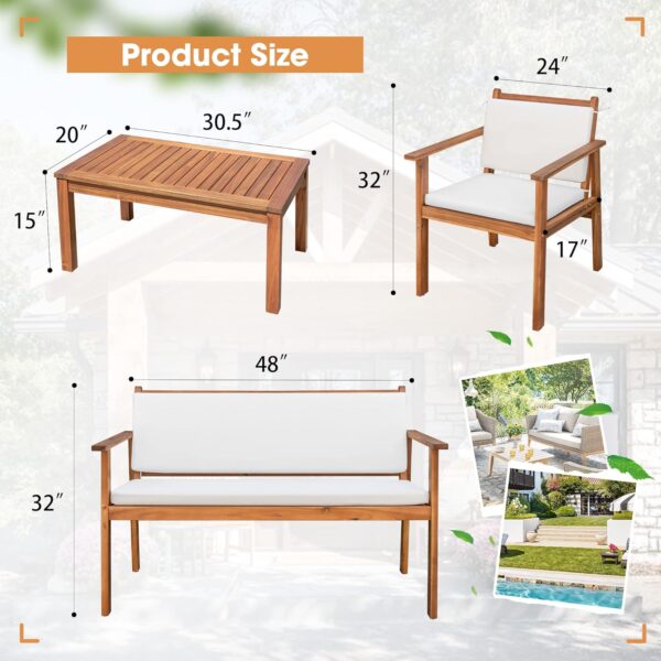 Devoko Patio Furniture 4 Piece Acacia Wood Outdoor Conversation Sofa Set with Table & Cushions Porch Chairs for Garden, Deck, Backyard, Beige - Image 7