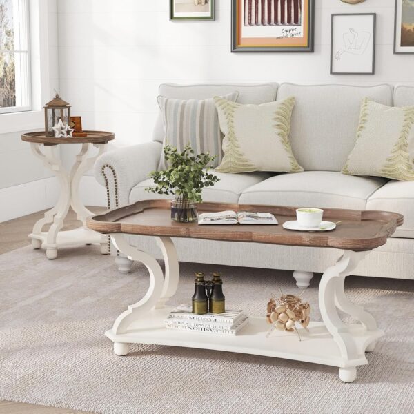 Function Home Farmhouse Coffee Table, Modern Cocktail Table with Storage Shelf, Sofa Table with Natural Tray Top and Carved Legs for Living Room, Bedroom, Dining Room in Vintage White - Image 5
