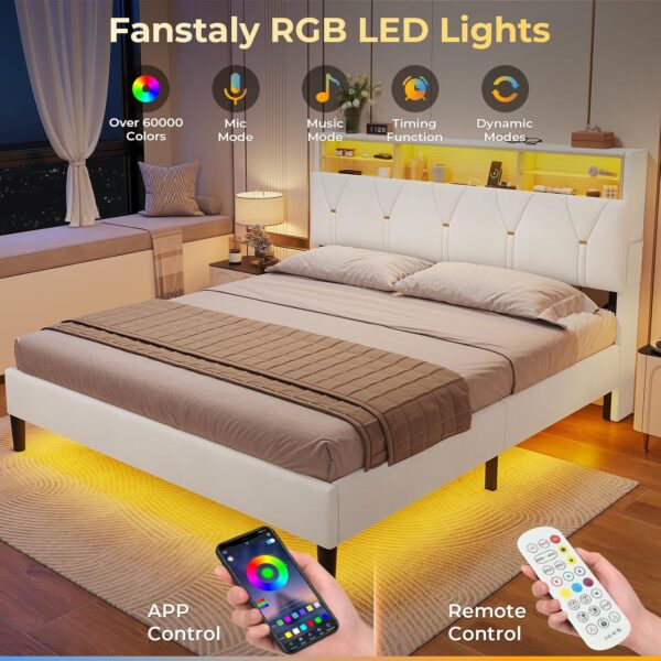 LED Full Bed Frame with Type-C & USB Charging Station, Full Size Bed Frame with Storage Headboard, Modern Velet Upholstered Platform Bed with Shelf Headboard, Noise-Free, Creamy White - Image 4