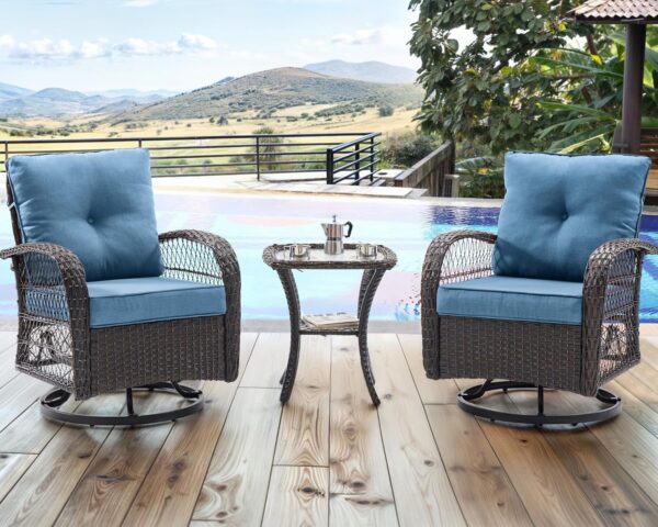 UDPATIO 3 Pieces Patio Furniture Set, Outdoor Swivel Gliders Rocker, Wicker Patio Bistro Set with Rattan Rocking Chair, Glass Top Side Table and Thickened Cushions for Porch Deck Backyard (Blue) - Image 2
