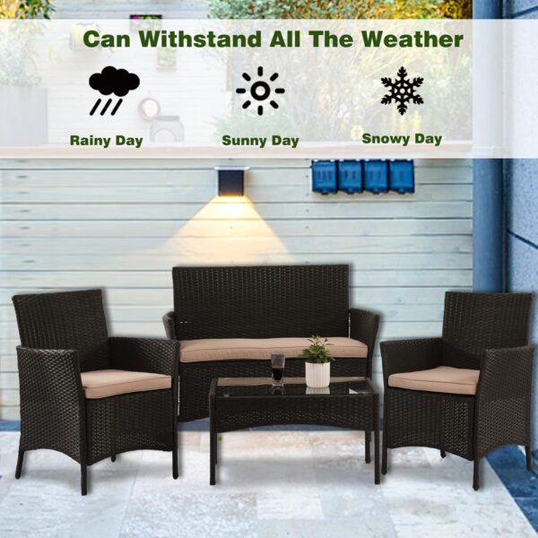 4 Pieces Patio Furniture Set Rattan Outside Furniture Wicker Sofa Garden Conversation Sets with Soft Cushion and Glass Table for Yard Pool or Backyard,Black - Image 7
