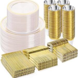 600PCS Plastic Dinnerware Set (100 Guests), Clear Gold Disposable Plates for Party, Wedding, Anniversary, Includes: Dinner Plates, Dessert Plates, Cups, Spoons, Forks and Knives