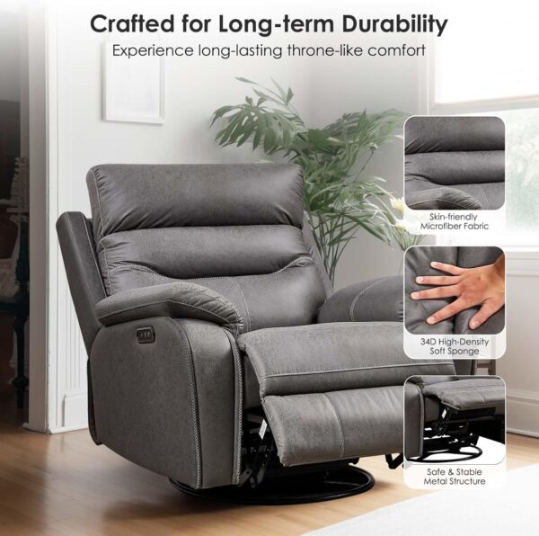 Power Swivel Nursery Glider Recliner Chair, Electric Rocking Sofa with Adjustable Headrest & Soft Cushions, Ultimate Comfort Living Room Bedroom Rocker Armchairs, Built-in USB, Light Gray - Image 6