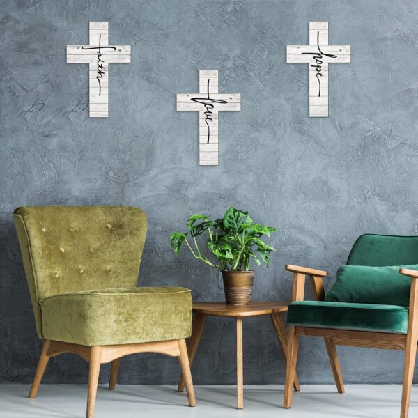 Jetec 3 Pieces Faith Love Hope Cross Sign Wood Wall Hanging Cross Rustic Cross Wall Decor Vintage Cross Wall Art Religious Love Cross Wall Decor Farmhouse Home Hanging Decor, 12 x 8 Inch (White) - Image 4