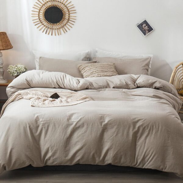 MooMee Bedding Duvet Cover Set 100% Washed Cotton Linen Like Textured Breathable Durable Soft Comfy (Tannish Linen Grey, Queen) - Image 3
