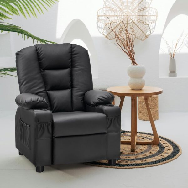 MCombo Big Kids Recliner for Ages 3+, Child Recliner Chair, Toddlers Recliner Sofa with Cup Holders, Faux Leather, 7322(Black) - Image 2