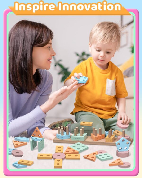 Montessori Toys for 1 2 Year Old Girl Boy, Toddler Toys Age 1-2, 1 2 Year Old Girl Boy Birthday Gifts, Education Toddler Puzzles for Wooden Toys Ages 1-3, Stacking Block Toys for Toddlers 1-3 - Coffee - Image 3