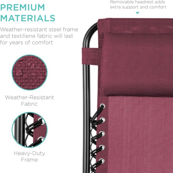 Best Choice Products Set of 2 Adjustable Steel Mesh Zero Gravity Lounge Chair Recliners w/Pillows and Cup Holder Trays - Burgundy - Image 6
