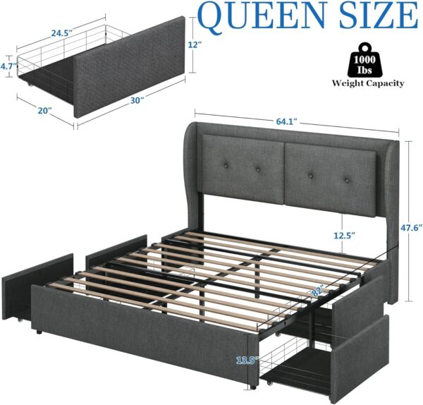 Queen Bed Frame with Storage Drawers, Upholstered LED Bed Frame Queen Size with Wingback Headboard, Platform Bed Frame with Storage, No Box Spring Needed, No-Noise, Easy Assembly - Image 2